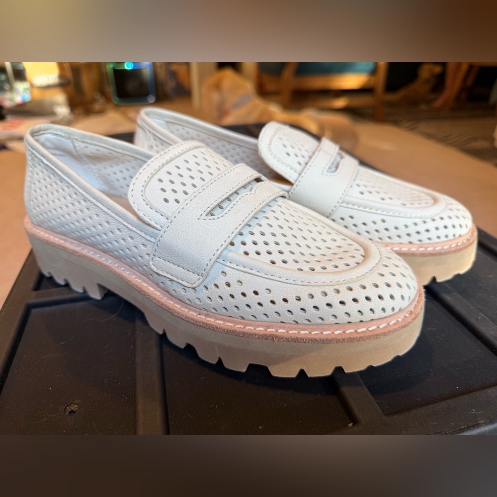 Dolce Vita White Perforated Penny Loafers with Pink Trim